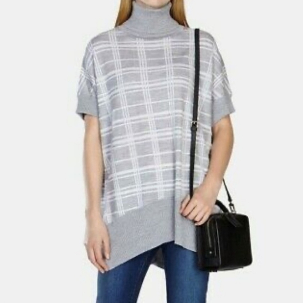 Karen Millin Wool Blend Turtleneck Plaid Gray White Tunic Sweater Size XS